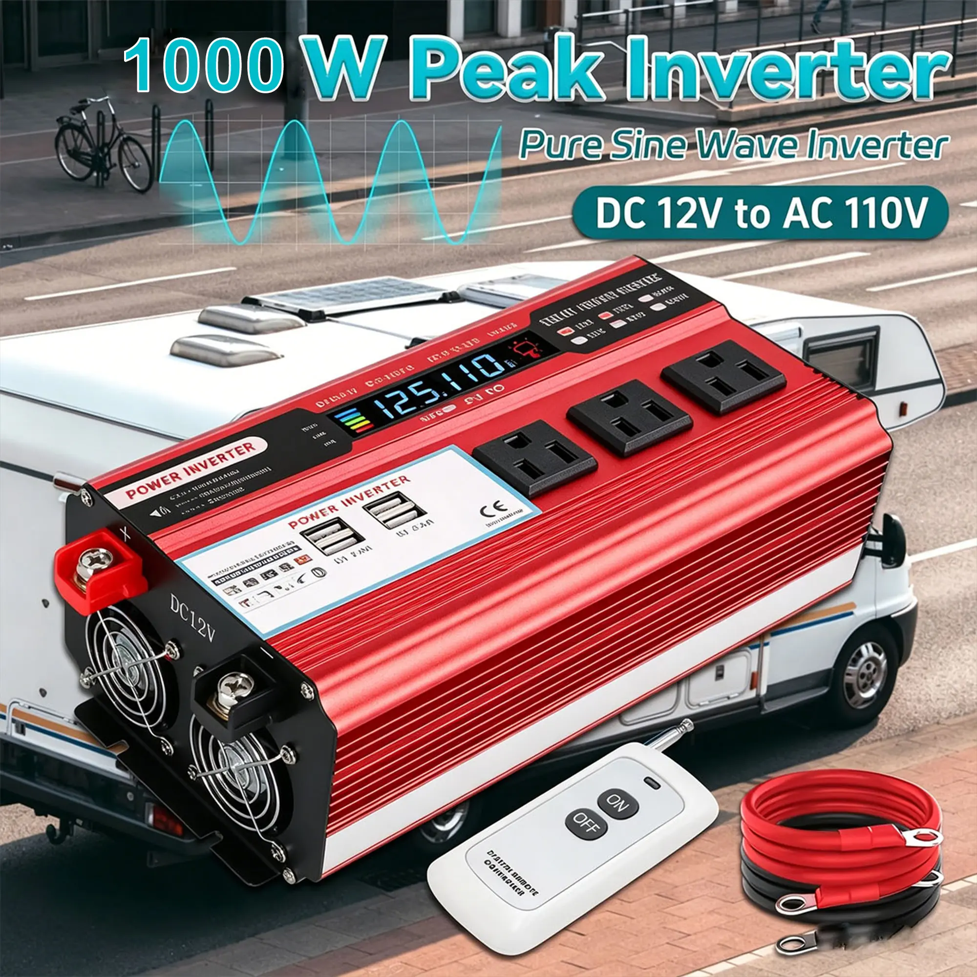 DC12V to AC120V 1000W Car Power Inverter with Clear LCD Screen, Multi-Port Charging Hub with 3 Standard US Outlets and 4 USB Interfaces, Durable Voltage Converter for Travel Camping, Household Standby Power Accessory for Unexpected Power Shortage