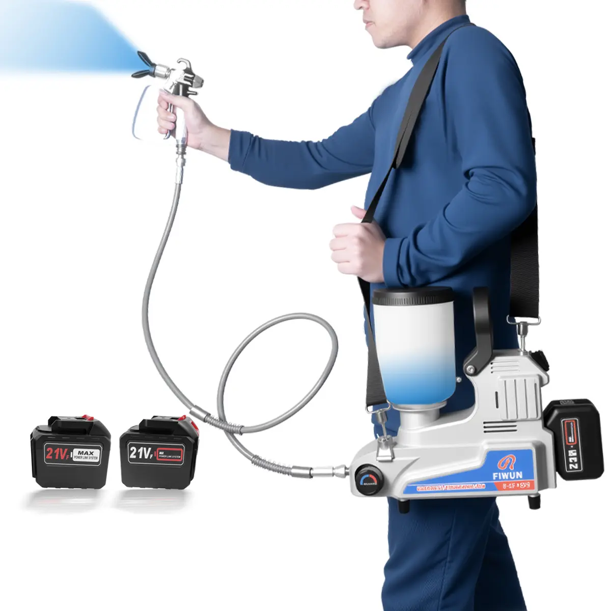 Handheld Cordless Airless Paint Sprayer, 1000W 2700 PSI, 21V Battery-Powered with 2×6000mAh Rechargeable Lithium-Ion Batteries, 1.2 L/min Flow Rate, 2.5L Hopper, for Indoor & Outdoor Home Improvement Projects, Handheld Paint Sprayer