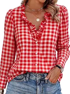 Chic Petal Red Gingham Ruffle Blouse Vintage Cottagecore V-Neck Long Sleeve Top Timeless Western Elegance Shirts Womenswear