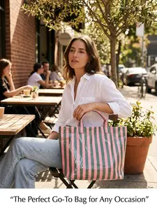 New Cross-Border Striped Tote Bag, High Appearance, Lightweight Handbag, Large Capacity Commute Bag, Portable Travel Shoulder Bag
