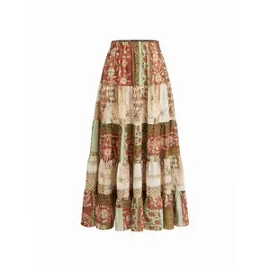 Cider Mid Rise Aztec Two Tone Tiered Ruffle Maxi Skirt