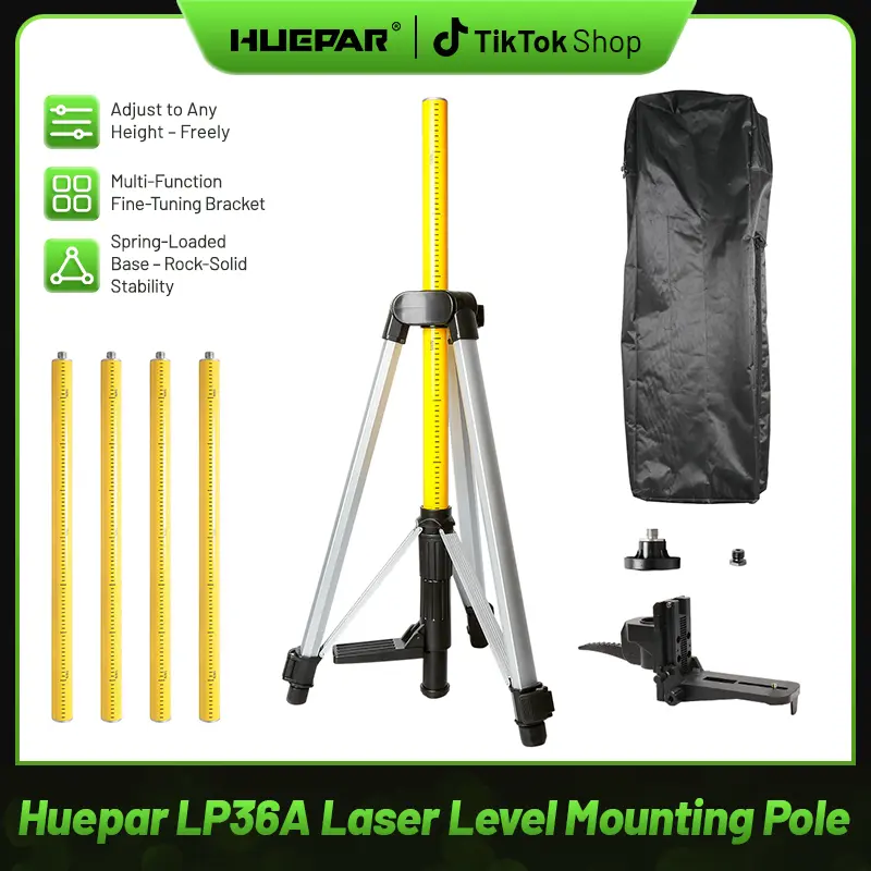 Huepar 12 Ft./3.7M Professional Laser Level Pole with Tripod and 1/4-Inch by 20-Inch Laser Mount for Rotary and Line Lasers, Adjustable Telescoping Laser Pole with 5/8"-11 Threaded Adapter-LP36A