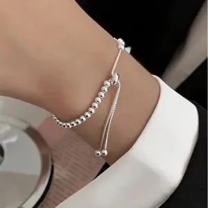 925 sterling silver bead ladies' bracelet, simple design, adjustable, perfect jewelry gift for birthdays and Christmas