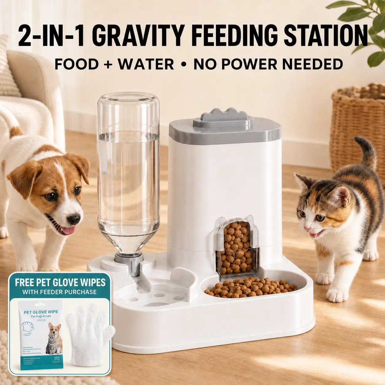 [Buy 1, Get 1 free] PAWSURD 2-in-1 Automatic Gravity Pet Feeder & fresh Water Dispenser, Adjustable Food Flow, No Power Needed, Ideal for Home & Short Trips, Cats & Small Dogs