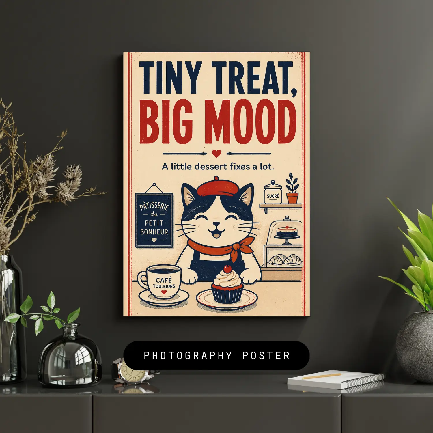 Funny Manga Coffee Cat Poster – "Tiny Treat Big Mood" | Black & White Comic Cat Wall Art | Aesthetic Kitchen, Coffee Bar & Apartment Decor | Cat Lover Gift