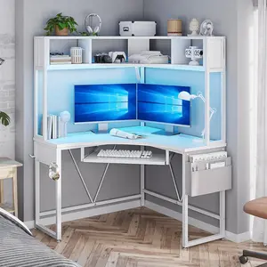 Sikaic Triangle Corner Small Computer Desk with Keyboard Tray LED Gaming Desk White