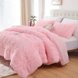 Fluffy Queen Comforter Set, Faux Fur Pink Comforter Set Queen Size, Luxury Fuzzy Bedding Set, Soft Shaggy Pink Bed Set for All Season, 3 Pieces - 1 Comforter & 2 Pillowcases