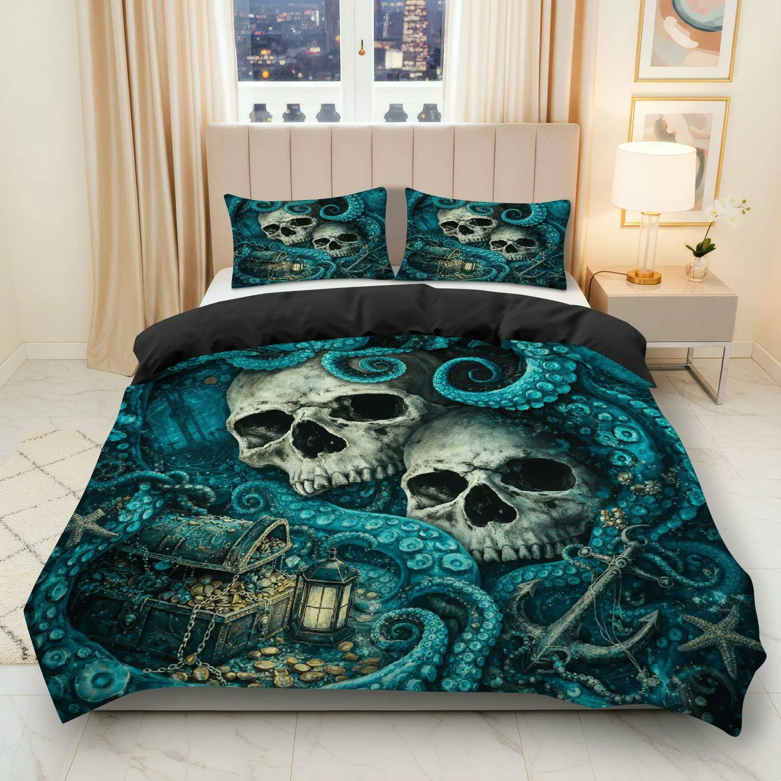 3PCS Duvet Cover Set, 1 Duvet+2 Pillowcases(Without filler), Skull Octopus Treasure Pirate Anchor theme, Halloween bedding set, Nautical Gothic Spooky Marine Suitable for decoration bedroom living room guest room lounge.