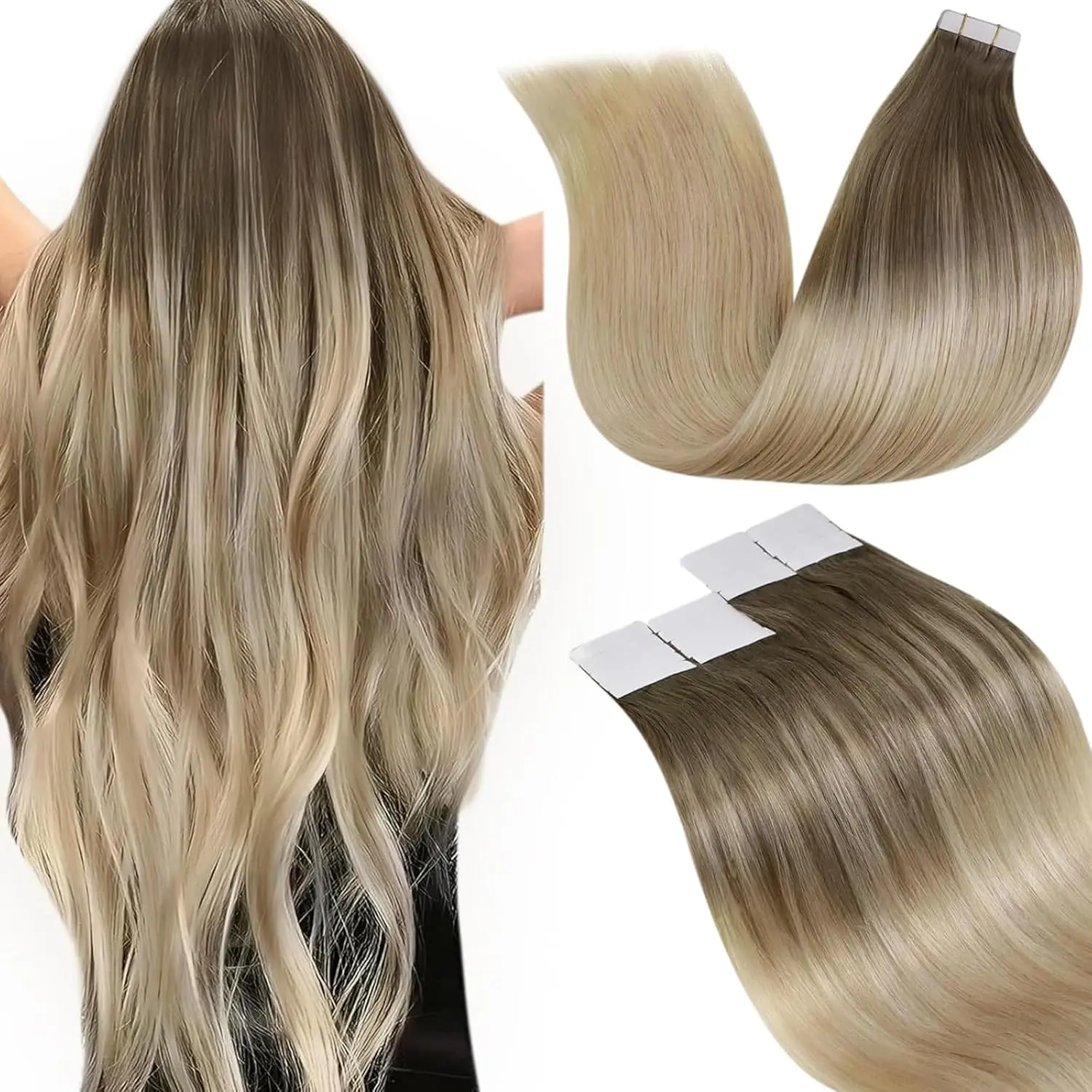 LaaVoo Invisible Tape-in Human Hair Extensions, Balayage Adhesive Tape-in Extensions, 20-Count for Fall Freshness, Mother's Day Gift