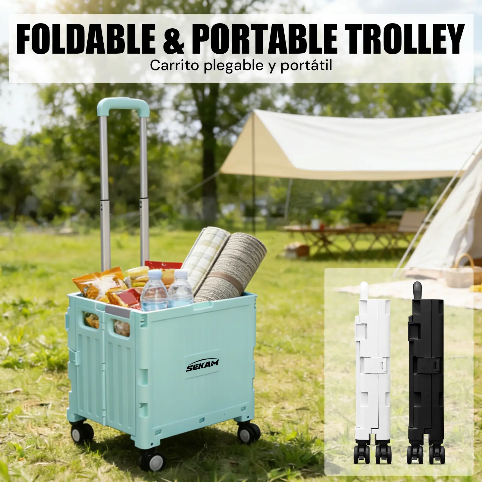 Sekam Mint Green Folding Cart - Home Organization Collapsible Utility Cart, Compact Rolling Crate for Camping, Groceries, Folds Flat in Seconds for Tiny Spaces, Collapsible Utility Carts