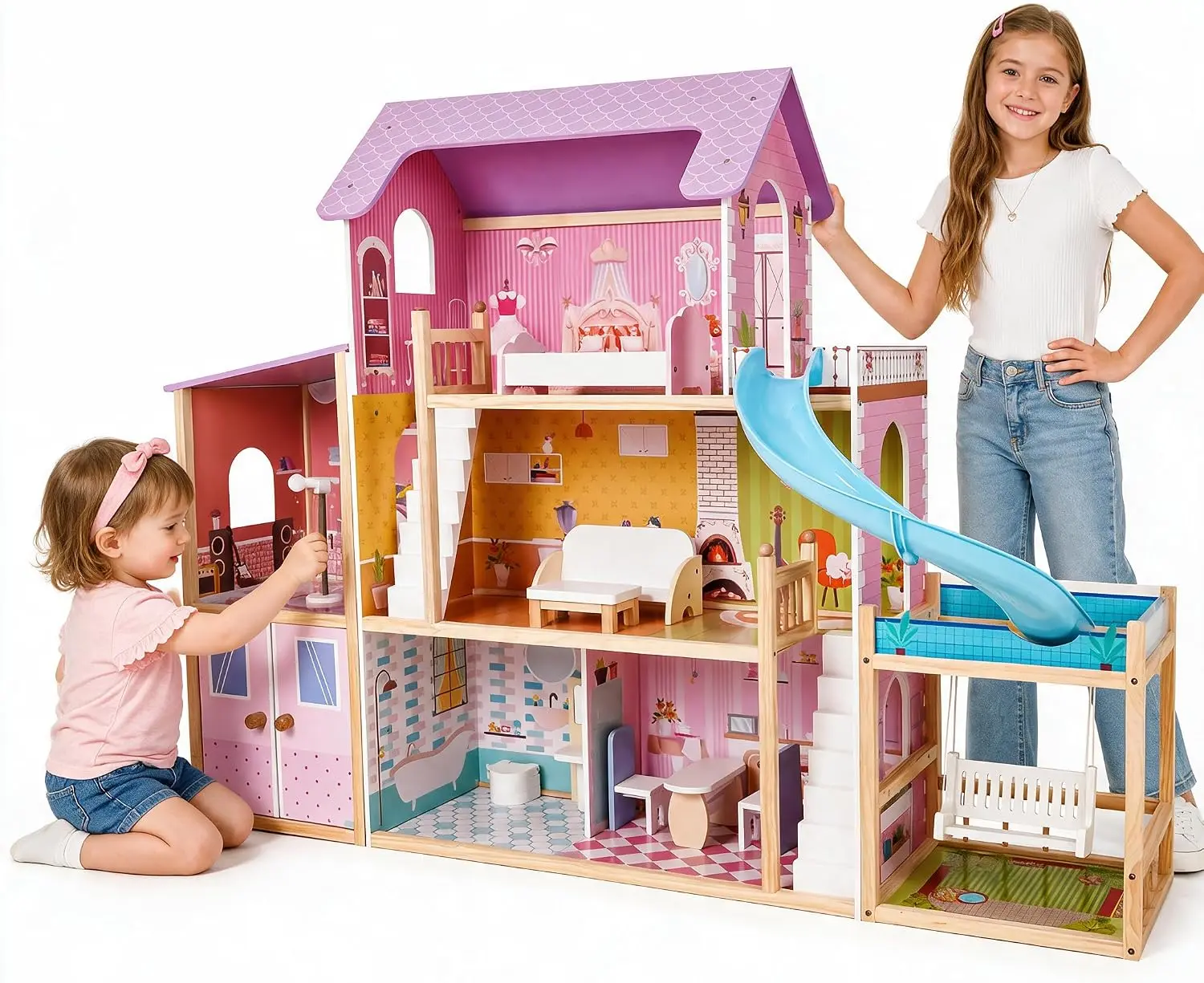 Luxury Unisex EDUBEBO Large Wooden Dollhouse for 12in Dolls - 3-Story Playset with Pool, Garage, Music Room, Swing, Kids Learning Materials for Learning Pretend Play, Ages 3+, 3-8 Years