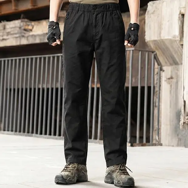 Men’s relaxed straight pants with elastic waistband and zippered pockets, lightweight everyday streetwear trousers