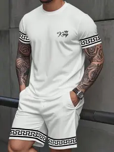 Men's Printed Short Sleeve T-Shirt + Shorts Set, Contrast Color Geometric Letter Print, Casual Fitted Knee Length