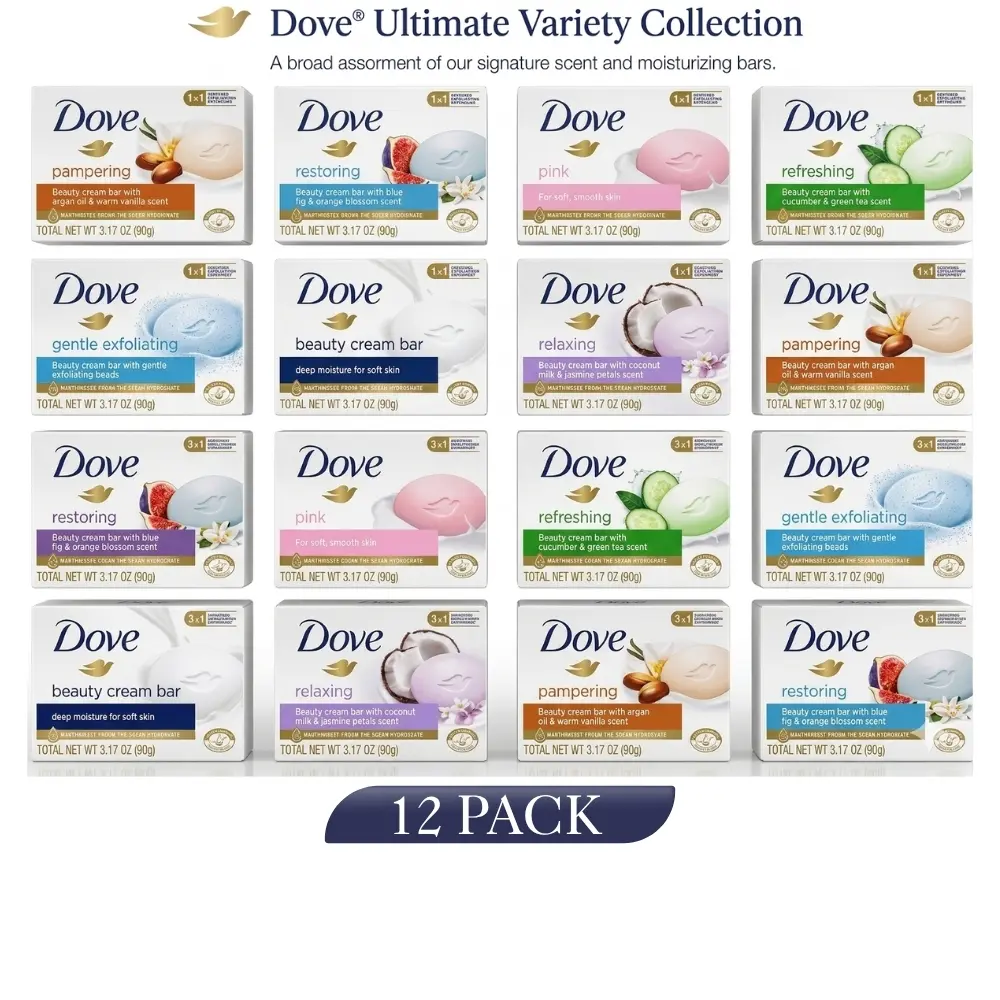 Dove Beauty Bar Multi-Pack, Hydrating Body Care Cleanser with 1/4 Moisturizing Cream That Moisturizes Face & Body, Assorted Fragrences, 3.2oz Bars, 12-Pack, Variety Pack