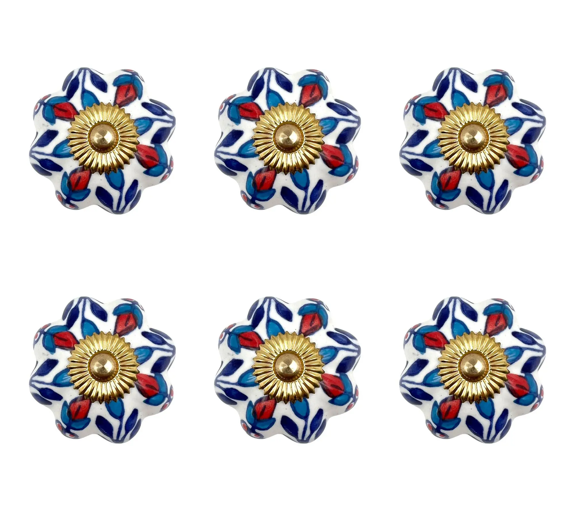 HomeRoots Set of 6 Blue Red White Floral Ceramic Knobs