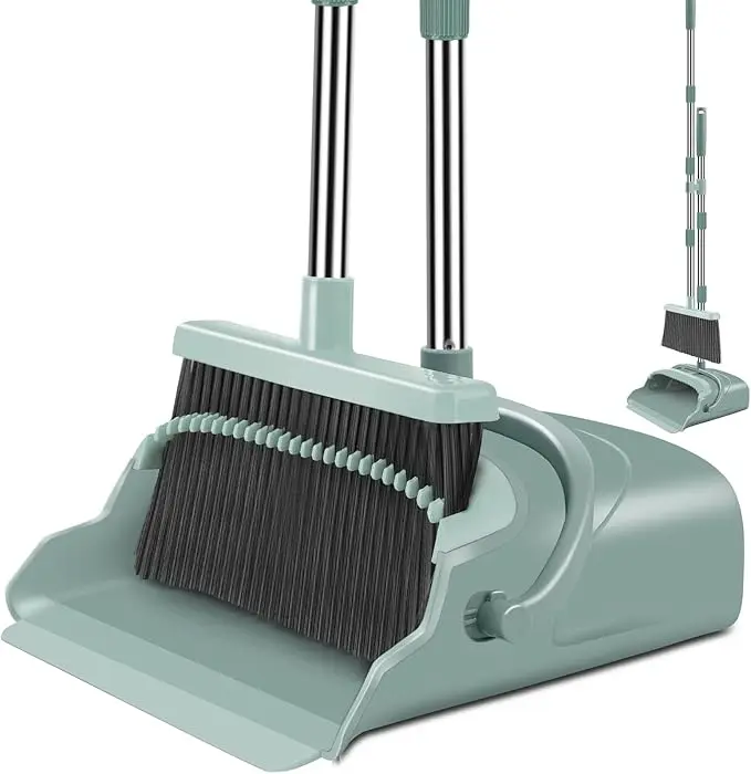 Upgrade Broom and Dustpan 1 Set - Large Size, 38.18 to 50.39 Inches Long Handle, Upright, Recycled Fiber, Multi-Surfaces Cleaning Tool for Indoor, Outdoor Use (Green)