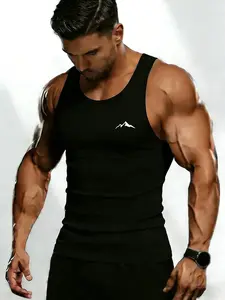 Men's Ribbed Fitness Tank Top, Minimalist Mountain Print, Outdoor Gym Style, Breathable Elastic Fabric, Suitable for Training & Daily Wear