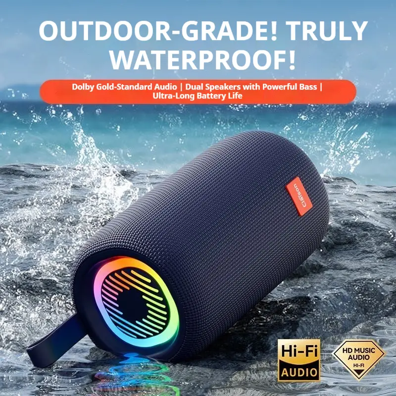 Claison Outdoor Bluetooth Subwoofer - IPX7 Waterproof, Portable Lanyard Design, RGB LED Light Sync, Dual 9D Surround Sound, Bluetooth 5.3, TWS Pairing, Aux/TF/USB Multi-Playback, Loud Bass, ABS+Fabric, for Camping, Phones, Tablets, Home Cinema
