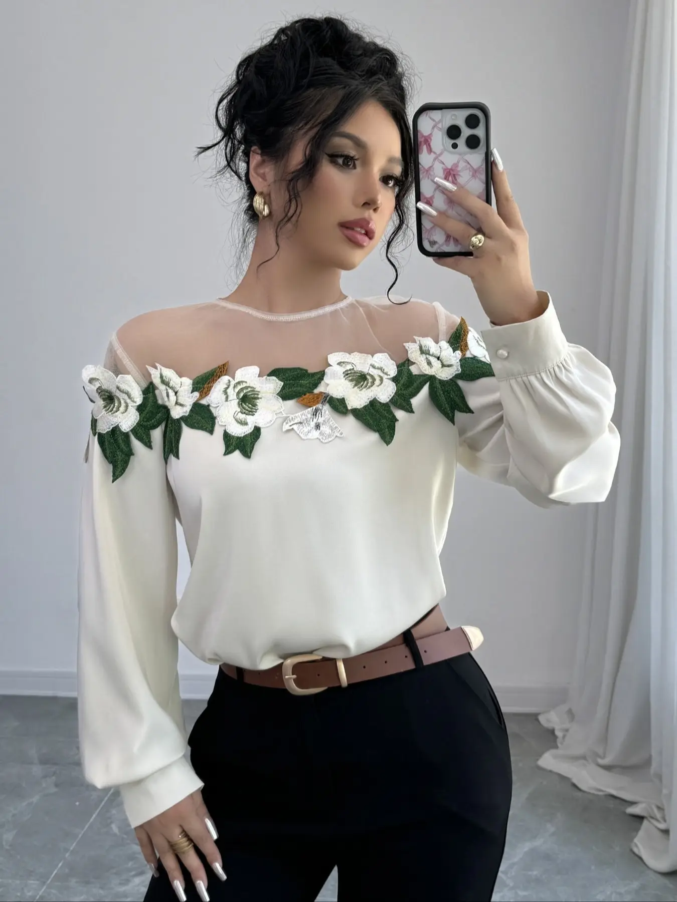 Elegant Women's Lace Mesh Patchwork Blouse, Long Sleeve Daily Commute Shirt, Floral Embroidery, Fitted Design, Spring & Fall Fashion