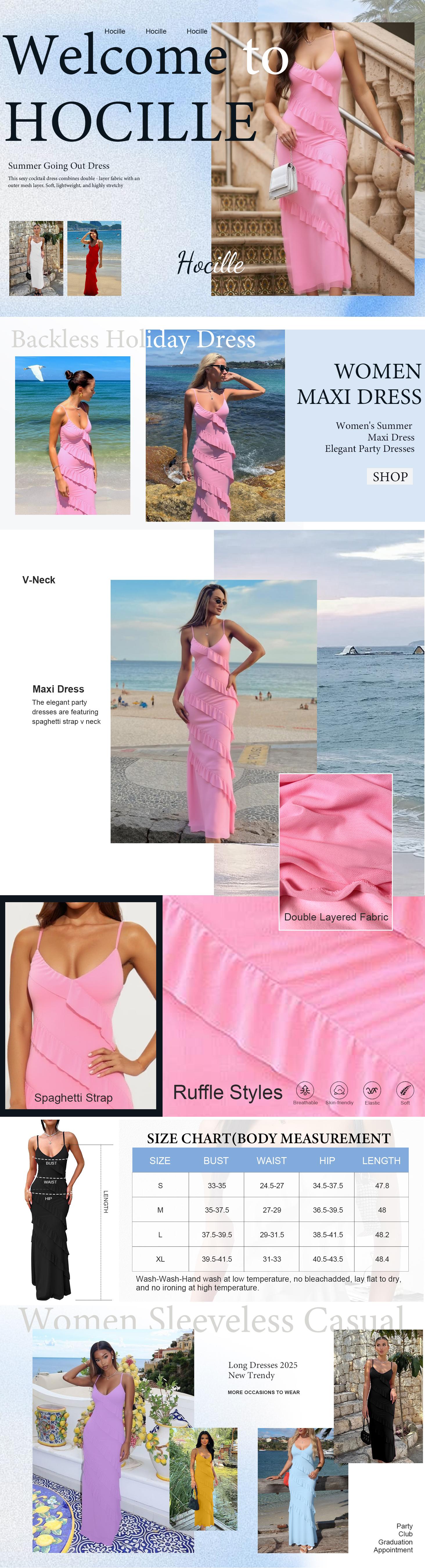 HOCILLE Women's Ruffle Mesh Maxi Dress - Sexy Bodycon Spaghetti Strap Party Dress Elegant Graduation & Wedding Guest Outfit 2026, Sleeveless Hollow Out Backless Long Dress (Spring Break & Prom Ready)