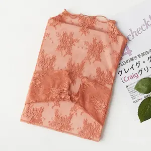 New Caramel Apricot Lace Undershirt with Women's Long Sleeves, New Fashionable and Stylish High Neckline and Mesh Top, Thin Cut