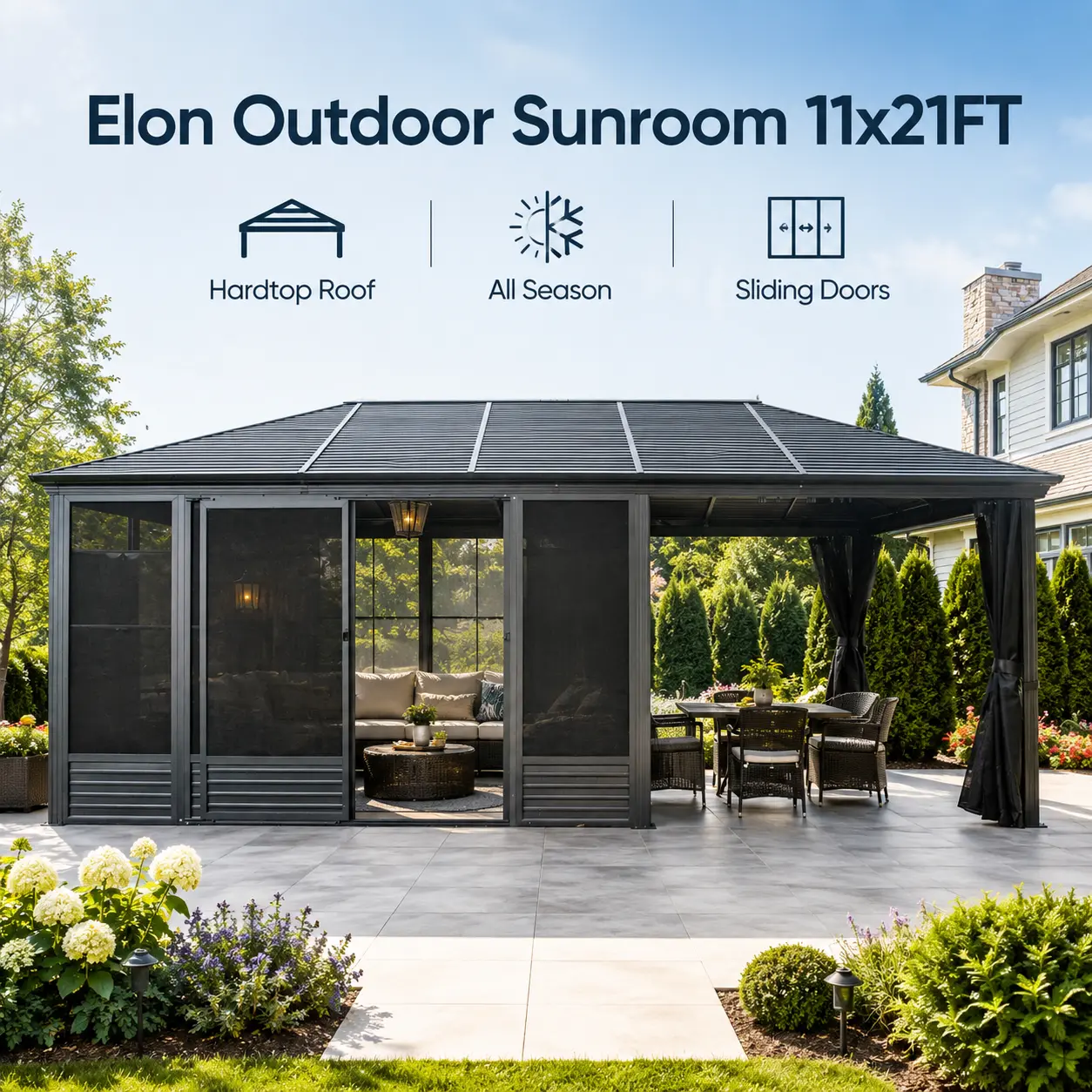 Elon 11x21FT Outdoor Hardtop Gazebo Sunroom Solarium - Galvanized Steel Roof All-Season Patio Enclosure with 2 Lockable Sliding Doors, Detachable PE Screen Netting, Curtains for Sun Protection, Backyard Relaxation, Deck Shade Solutions