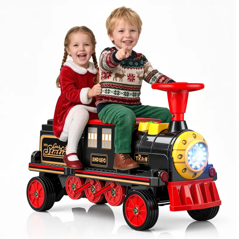 #ChristmasGifts ANPABO 12V 2-Seater Trackless Ride-On Train, Electric Toy Car for Kids 3+, Adjustable Seat, Storage, Headlights, Whistle & Music (Carriage Optional) – #Summervibes