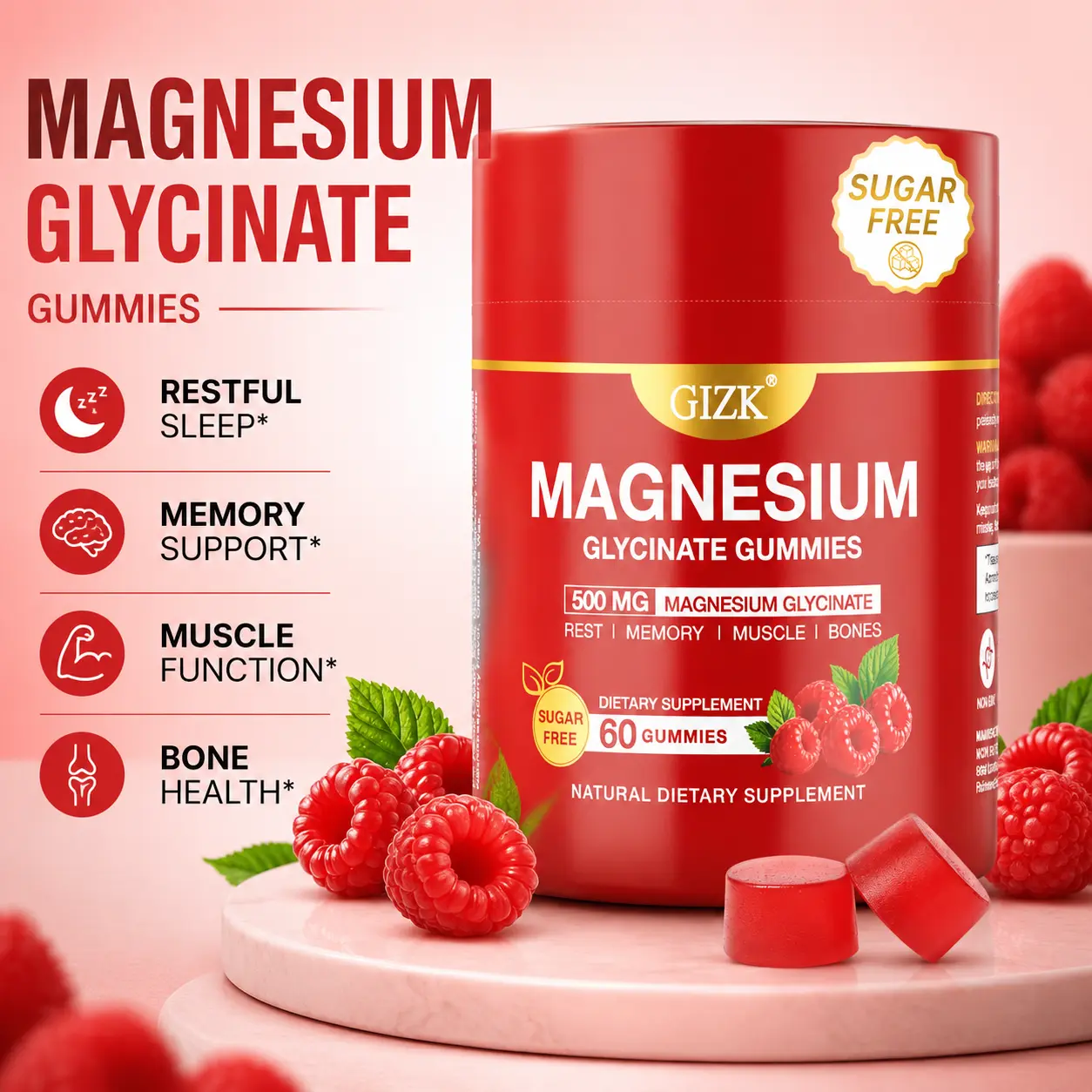 GIZK 500mg Magnesium Glycinate Gummies, Sugar-Free Raspberry Flavor, Healthcare Dietary Sleep Aid, Vegan for Adults & Kids 4+, 60 Pieces, Muscle Nerve Bone Brain Support