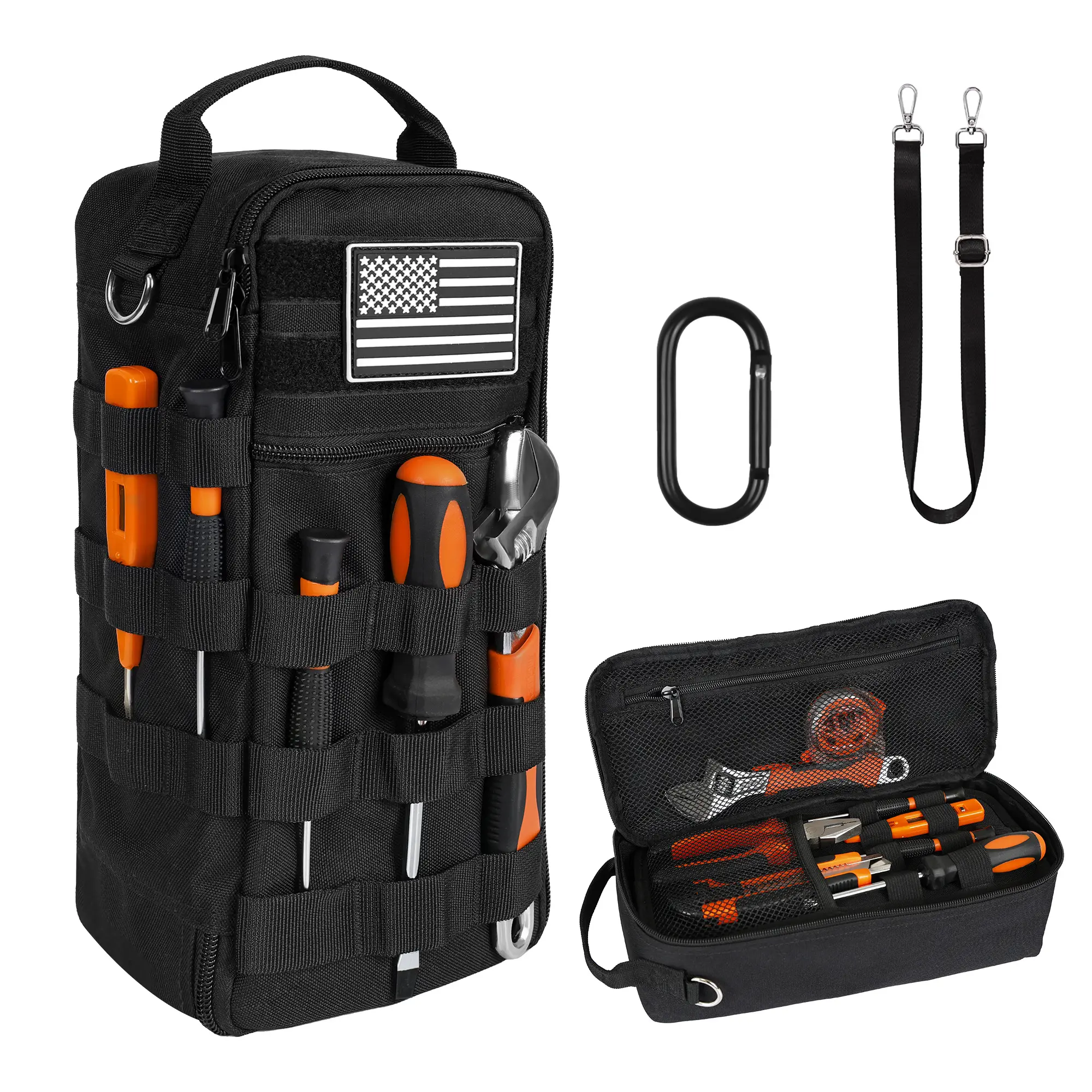 Portable Small Tool Bag, Heavy Duty Tool Pouch Bag with Shoulder Strap and D-ring Clip, Durable Waterproof Multiple Pockets Tool Hand Bag for Electricians, Carpenters, HVAC Technicians (Tools not included)