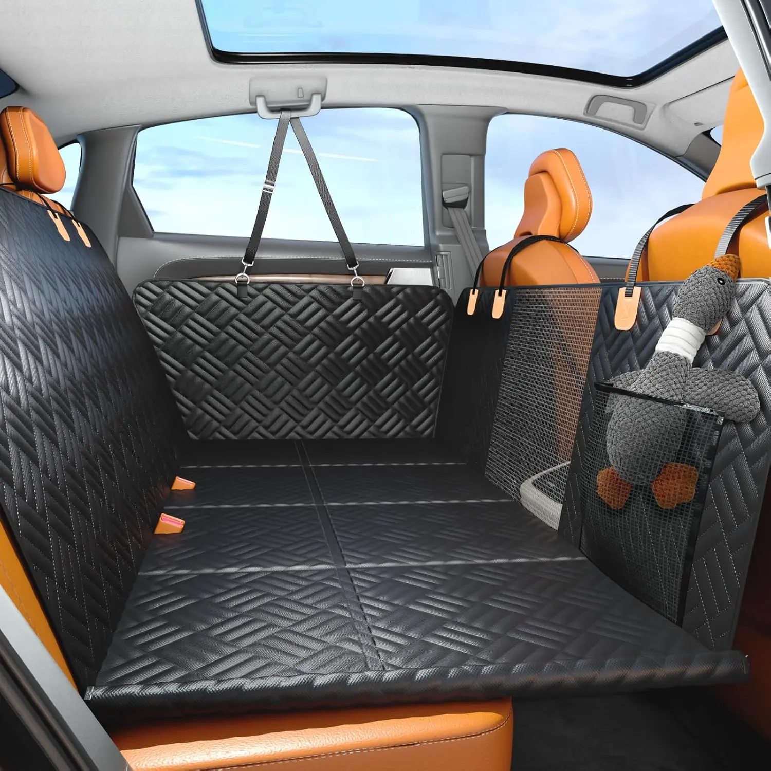 Dog Car Back Seat Protector with Extension Panel - Waterproof, Durable, Scratch-Resistant Plaid Fabric, Zipper, Buckle, Geometric Design - Hard-Bottom Board, 400 lbs Support - For Cars, SUVs - Pet Supplies, Dog Accessories Hammock
