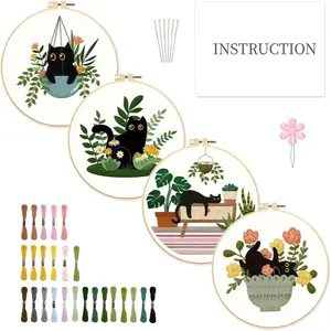 Cartoon Cat Pattern Embroidery Kit, 4 Counts/Set Embroidery Kit with Random Color Tools, DIY Embroidery Supplies for Beginner, Comprehensive Kit, Instructions