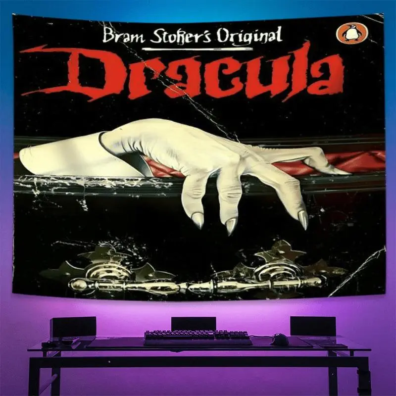 Gothic Spooky Dracula Vampire Tapestry, Wall Tapestries, Versatile Wall Hanging for Home, Office & Room Decor, Soft Polyester with Stitched Edges, Easy Care, Includes Free Installation Kit, Halloween