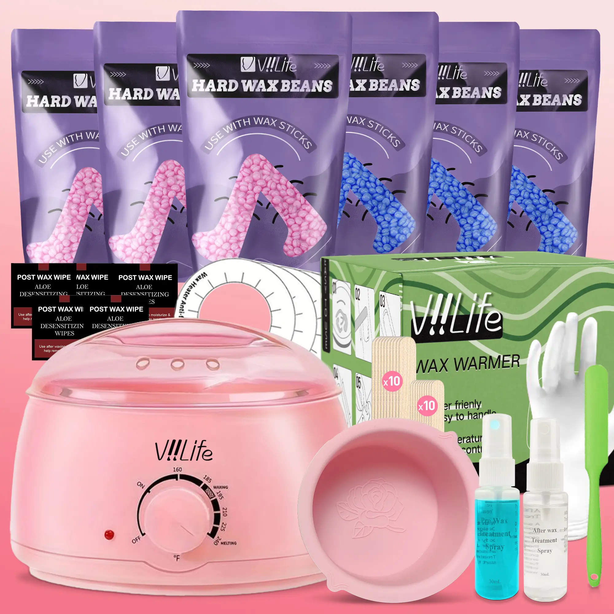 Summervibes Viilife Waxing Kit - Pink Electric Wax Warmer with 10 Wax Strips for Face Armpit & Legs Hair Removal - 200ml Capacity - Grooming Needs Body Care Smooth Pink Rose,back to school，Multi-Purpose Home Hair Removal Wax Set