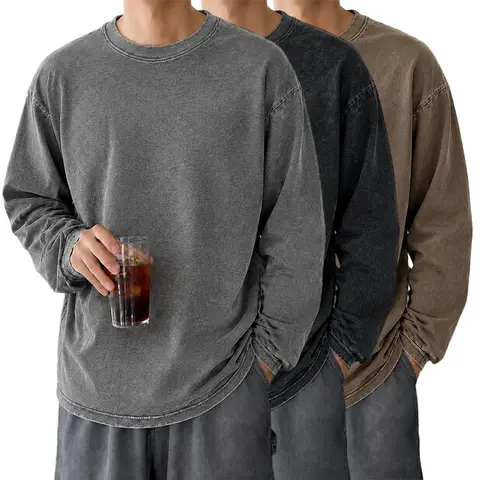 Men's Vintage Washed Cotton Long-Sleeve Base Layer Shirt - Crew Neck, Loose Drop-Shoulder, Retro Stone-Washed Distressed, Breathable Casual Clothes, Plain, Suitable for Layering or Solo Wear, Streetwear, Long Sleeve Shirt