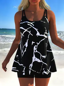 Women's Fashion Tankini Swimsuit Set, Beachwear for Summer 2026, Casual Slim-Fitting Swimwear, Random Print Design, Tankini Swimsuits Women