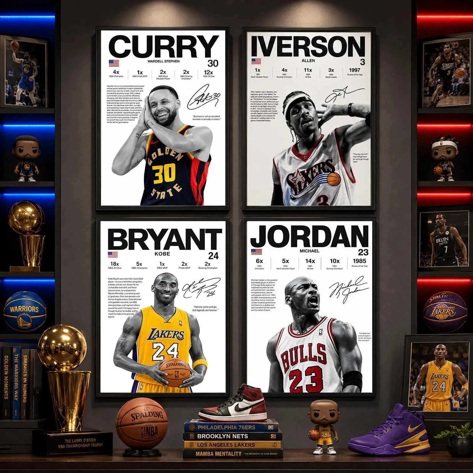 Basketball Legends High-Res Graphic Poster, Jordan-Curry-Iverson-Durant-James-Bryant Multiple Tube Collage Wall Art, Framing-Free Gift for Fans (Man Cave, Bedroom Use), Satin Paper