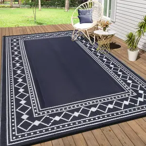 GARVEE Large Outdoor Rug Waterproof for Patio Decor 9x18 Reversible Plastic Straw Carpet, Outside Camping Mats for Outdoor Decor, RV, Backyard, Deck, Balcony, Picnic, Black Blue & White