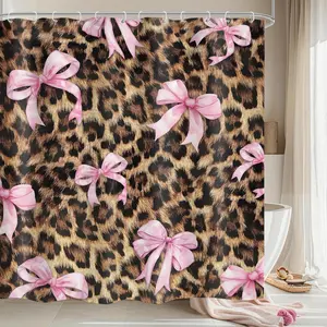 Stylish Shower Curtain Pink Bow and Leopard Print Modern and Feminine Bathroom Accessory Polyester Fabric with Hooks Perfect for Home Decor
