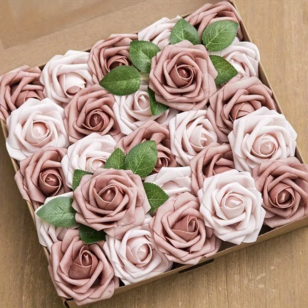 50pcs Roses + 8pcs Leaves Artificial Indoor Floral Set - Vintage Foam Decorative Bouquets for Wedding Centerpieces, Warm Taupe & Nude Home Kitchen Decor, Boutonnieres, Bridal Shower Ornaments, Flowers Bouquets