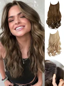Invisible Wire Hair Extensions 18Inch Body Wavy Halo Hair Extensions，Halo Hair Extensions Wavy Curly Invisible Wire Hair Extensions Beige Blonde Hair Extensions Synthetic Fiber Double Weft Soft Hairpieces For Women Clip On Hairpieces