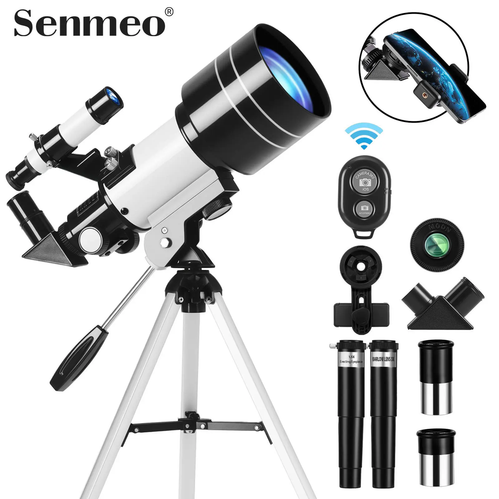 Portable 70mm Refractor Telescope for Beginners -15X-150X Zoom Travel Telescope with Phone Adapter & Wireless Remote for Adults & Kids