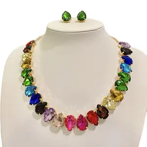 Necklace and Earrings Jewelry Set with Rainbow Teardrop Rhinestones Gold-Tone Fashion Accessories