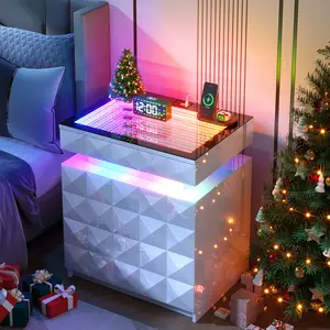 Dystler Night Stand with Charging Station and RGB Lights, LED Nightstand with Tempered Glass and Sliding Top, 3 Drawers Bedside Table with Hidden Storage, Lockable End Side Table for Bedroom, Black