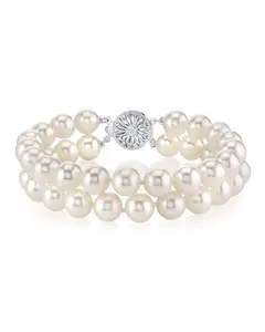 The Pearl Source Sterling Silver 6-7mm AAA Quality Round White Freshwater Cultured Pearl Double Strand Bracelet for Women