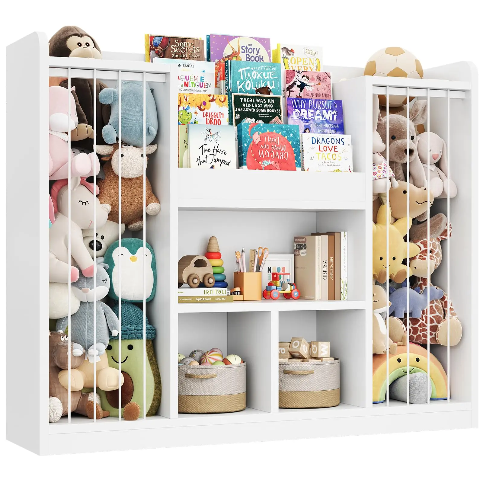 【SummerFinds】ONBRILL Two Wooden Stuffed Animal Storage Toddler Toy Organizer with 4-Tier Kids Bookshelf & 3 Open Cube Shelves Multifunctional Bookcase for Playroom Nursery