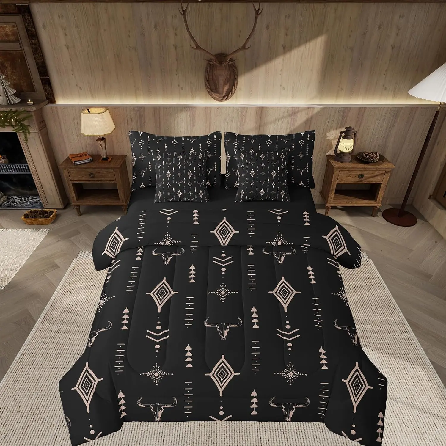 Feelyou Queen 7-Piece Rustic Western Quilt Set Bedding - Breathable Cover, Durable High-Tensile-Strength Microfiber Comforter & Sheets, Black Brown Boho Bull Skull Cow Print, Machine Washable (Cowboy, Ethnic, Aztec Style Bedding Sets Collections)