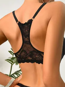 Women's Solid Lace Back Push Up Bra, Comfortable Breathable Underwire Bra, Soft Lingerie for All Seasons, Womenswear, Lace Wireless Bra, Scallop Detail Bra