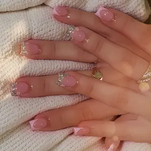 24pcs French Rhinestone Flower Nail Tips, Sweet Removable False Nails, Nail Art Diy, Includes Jelly Glue and File, Perfect for Manicures