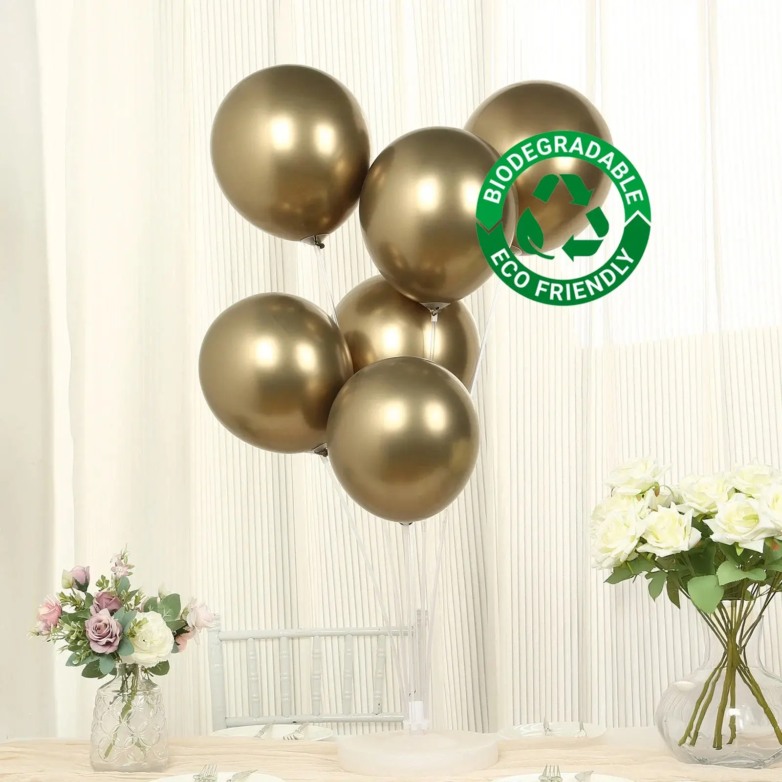 12" Chrome Champagne Biodegradable Latex Blow Up Balloons, 50-Pack Thick Eco-Friendly Metallic Set for Wedding Decor, Hanging Decor, Photo Booth Props & Festive Party Supplies