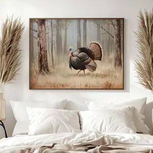 Wall Art Featuring Wild Turkeys, Rustic Wild Nature Landscape Paintings, Classic Bird Hunting Paintings, Turkey Hunting Art, Bedroom Decor In A Log Cabin Style, Classic Forest Landscape Paintings.